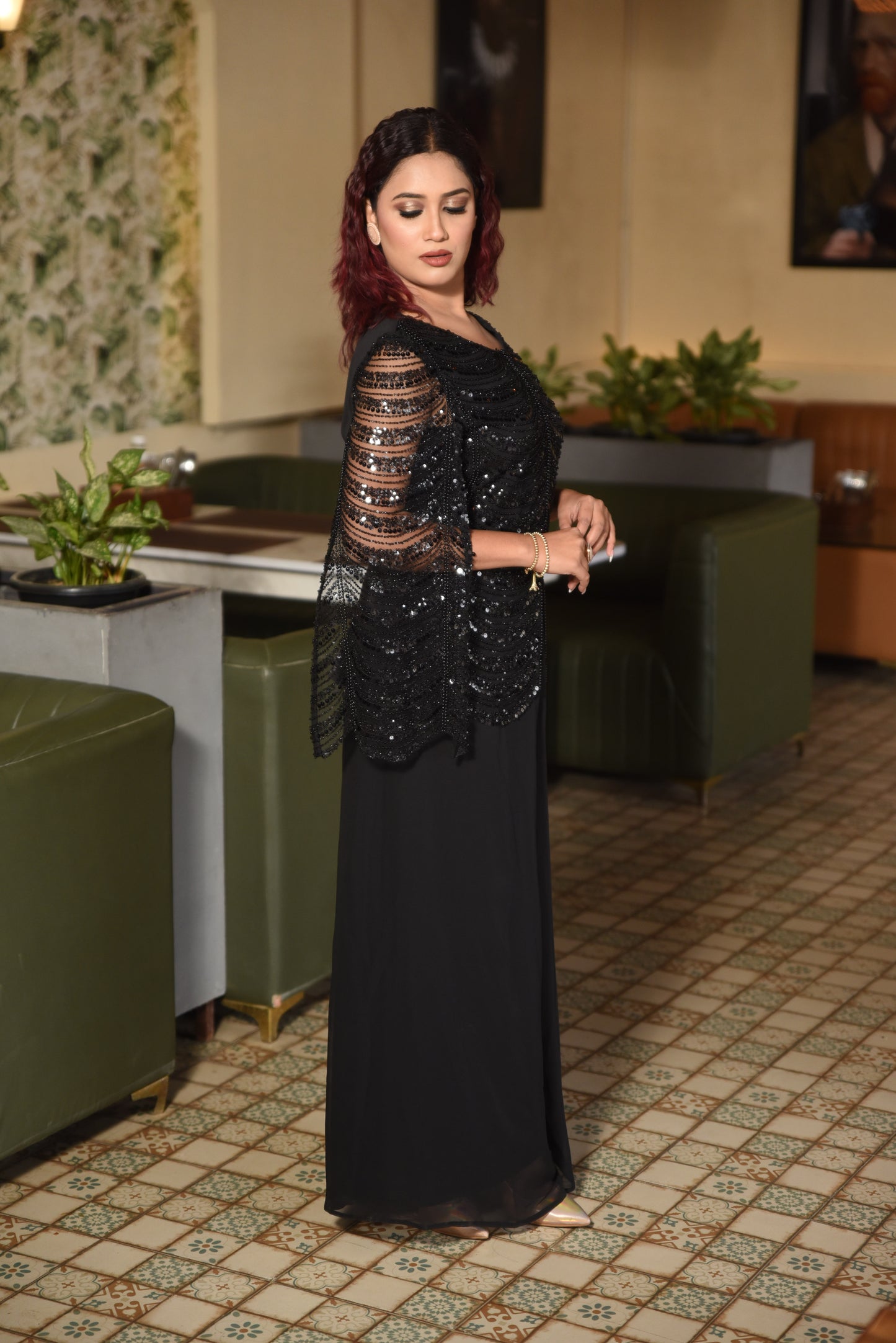BLACK EMBELLISHED SEQUIN TOP PAIRED WITH WIDE-LEG TROUSERS