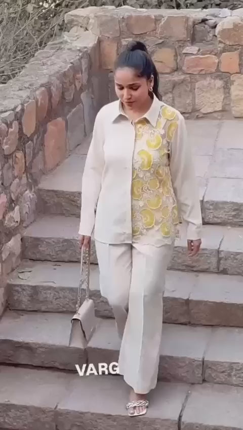 Collared Shirt With Full Sleeves, Paired With Matching Beige Colored Wide-Leg Trouser
